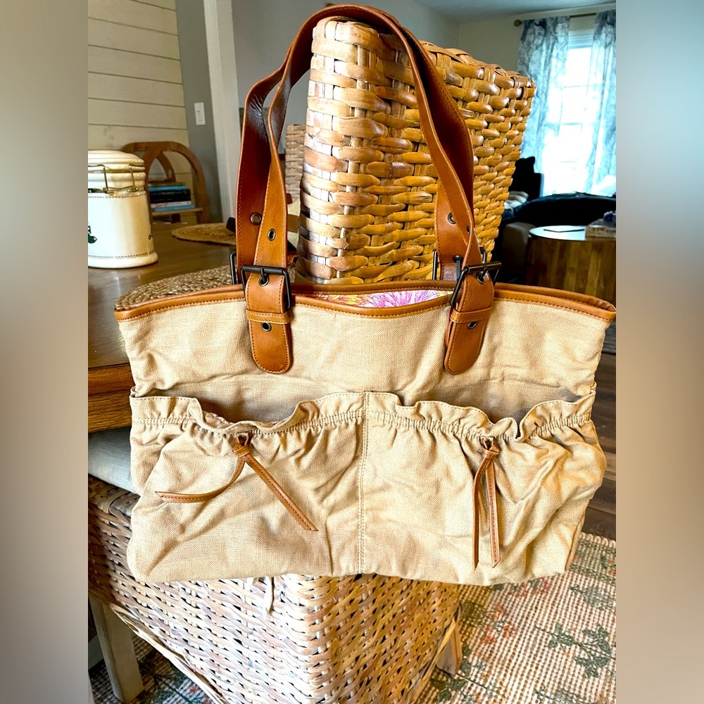 VTG Old Navy Canvas Tote Bag with Brown Leather Straps - Picture 1 of 4